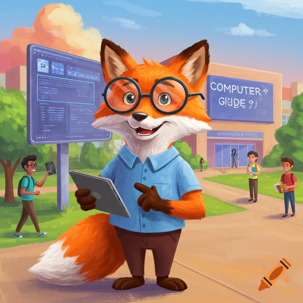 An anthropomorphic fox character wearing glasses and a shirt, holding a tablet and pointing, standing outside a school building with students. Illustration style.