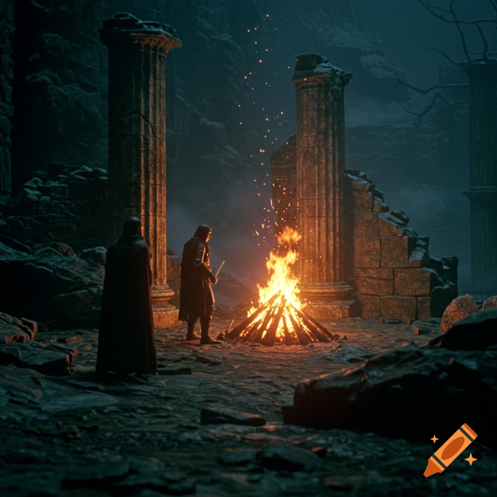 Two figures stand by a bonfire in ancient ruins at night.
