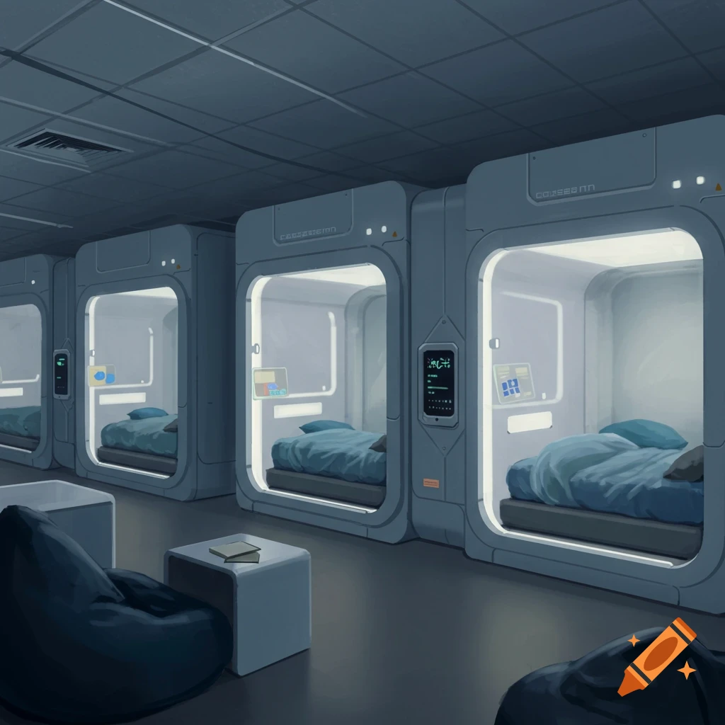 A futuristic room with rows of sleeping pods and a lounge area with bean bags.