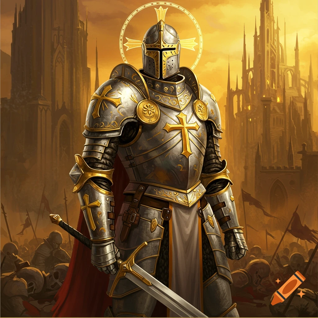 A majestic holy knight in ornate armor stands on a battlefield before a castle.
