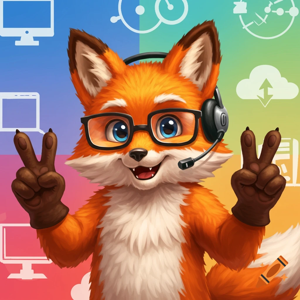Cartoon fox with glasses and headset giving peace signs, with tech icons.
