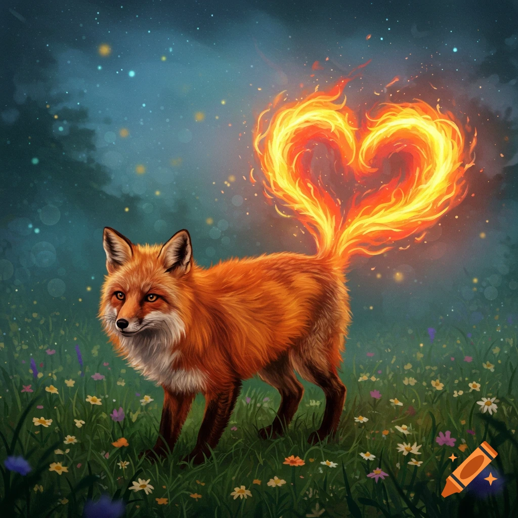 A fox with a fiery heart-shaped tail stands in a field of flowers at night.