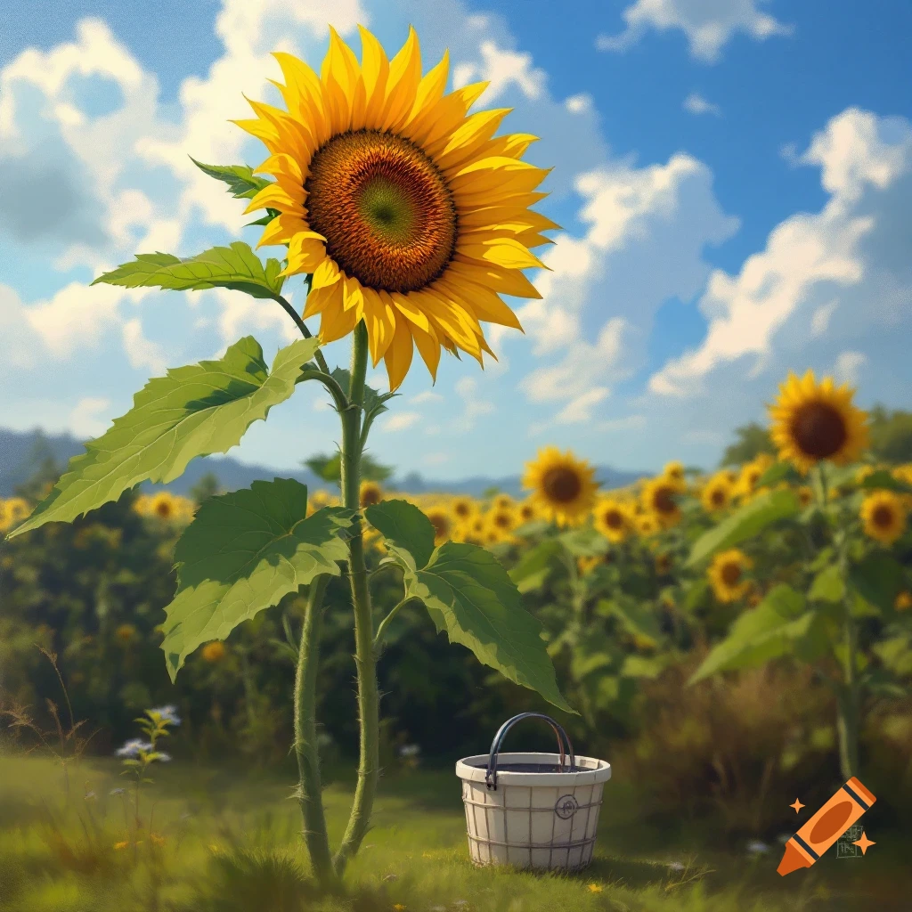 A large sunflower stands prominently in a field, with a white bucket nearby, all beneath a cloudy blue sky.