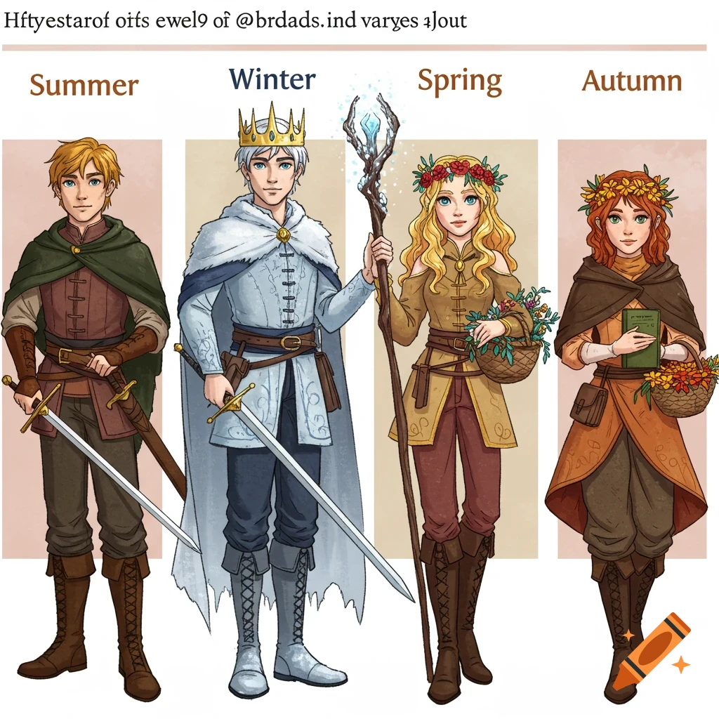 Illustration of four fantasy characters representing seasons: Summer (boy with swords), Winter (boy with crown and staff), Spring (girl with flower crown and basket), Autumn (girl with cloak and book).