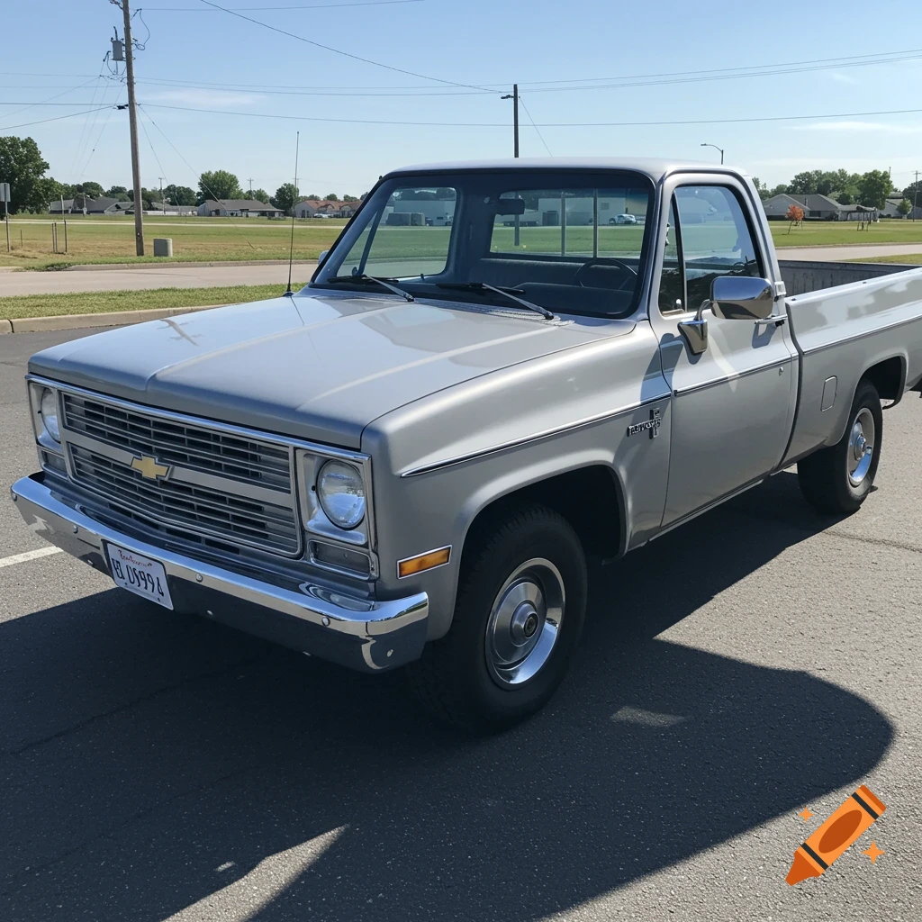 Silver Chevrolet pickup truck parked outside on a sunny day.