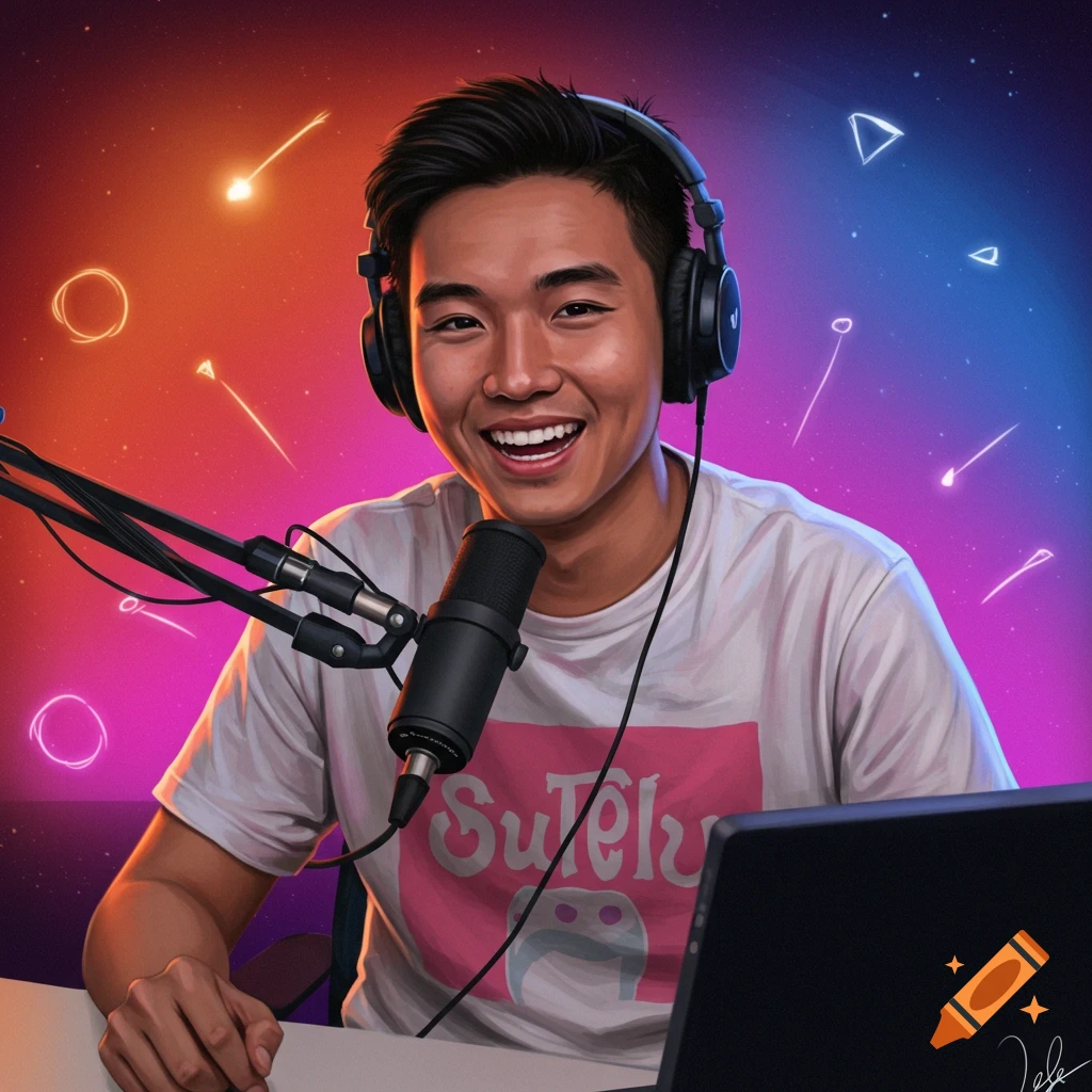 A man wearing headphones speaks into a microphone, smiling.