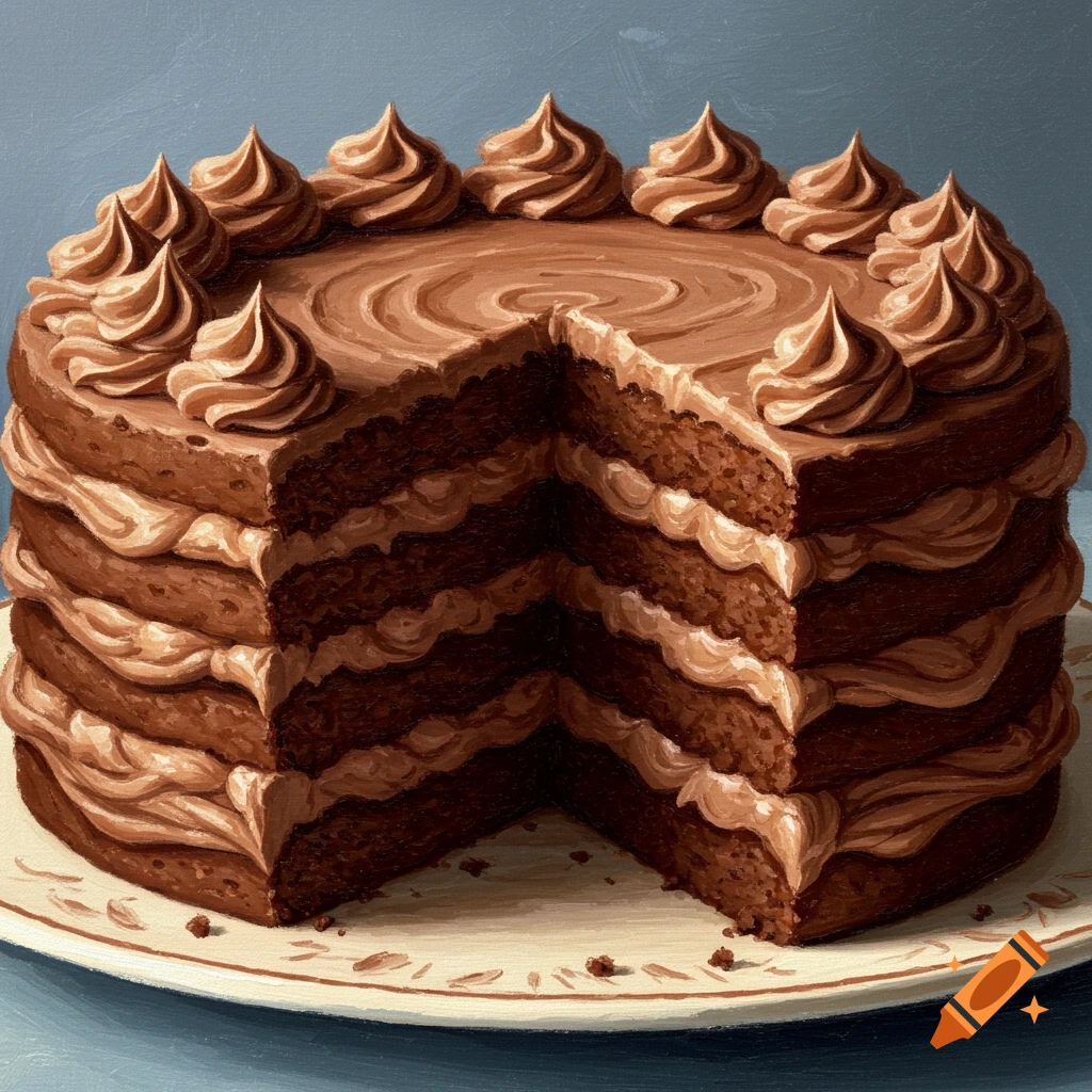 A rich chocolate cake with frosting, sliced open to show the layers.