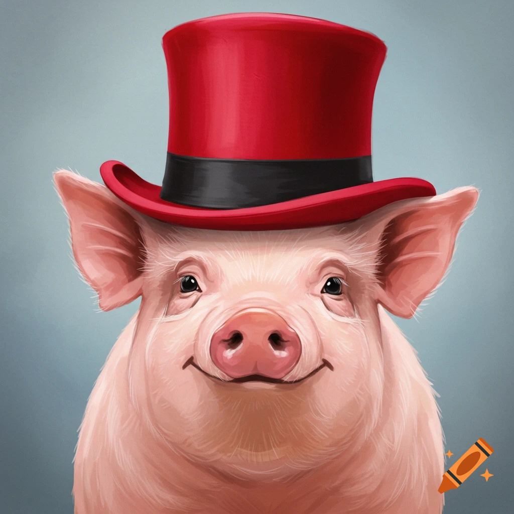 A pig wearing a red top hat