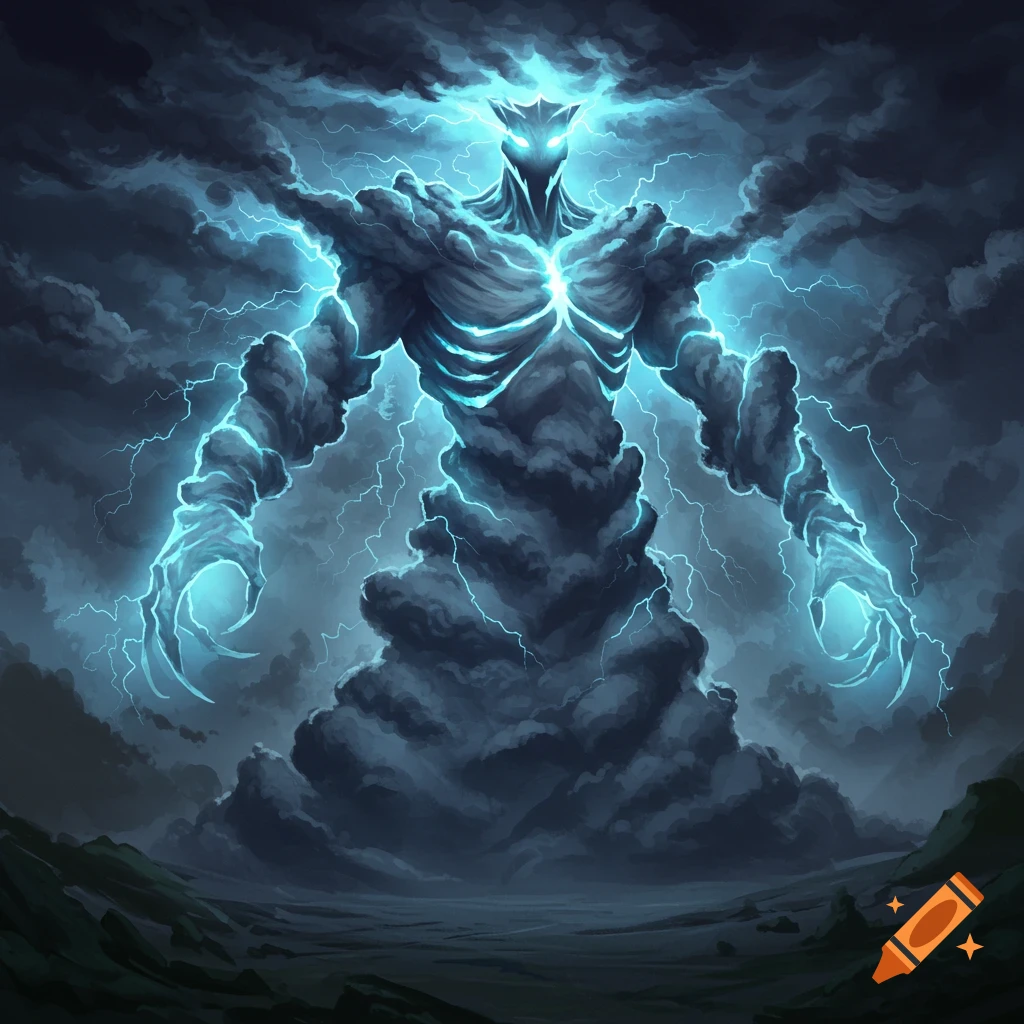 A monstrous storm creature made of dark clouds and blue lightning is in a barren landscape.