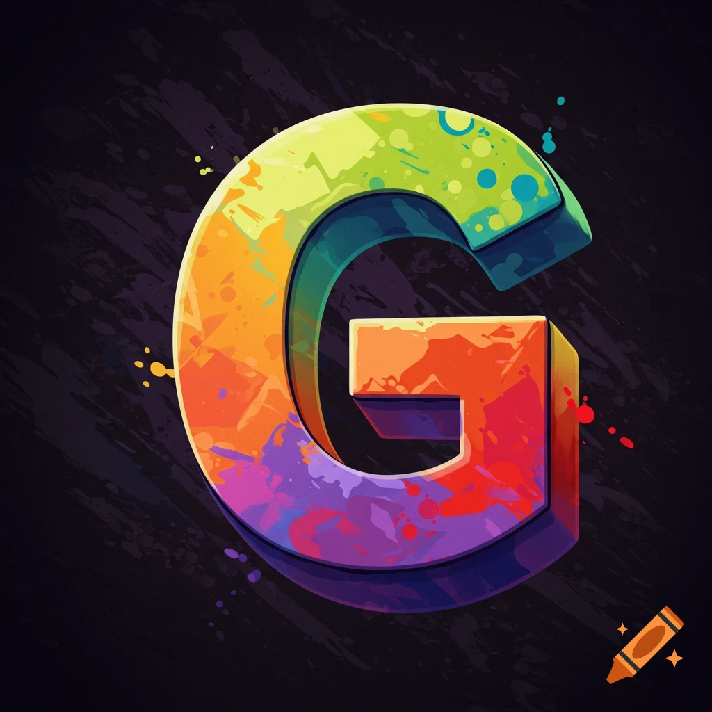 A colorful stylized letter G with paint splatters on a dark background.