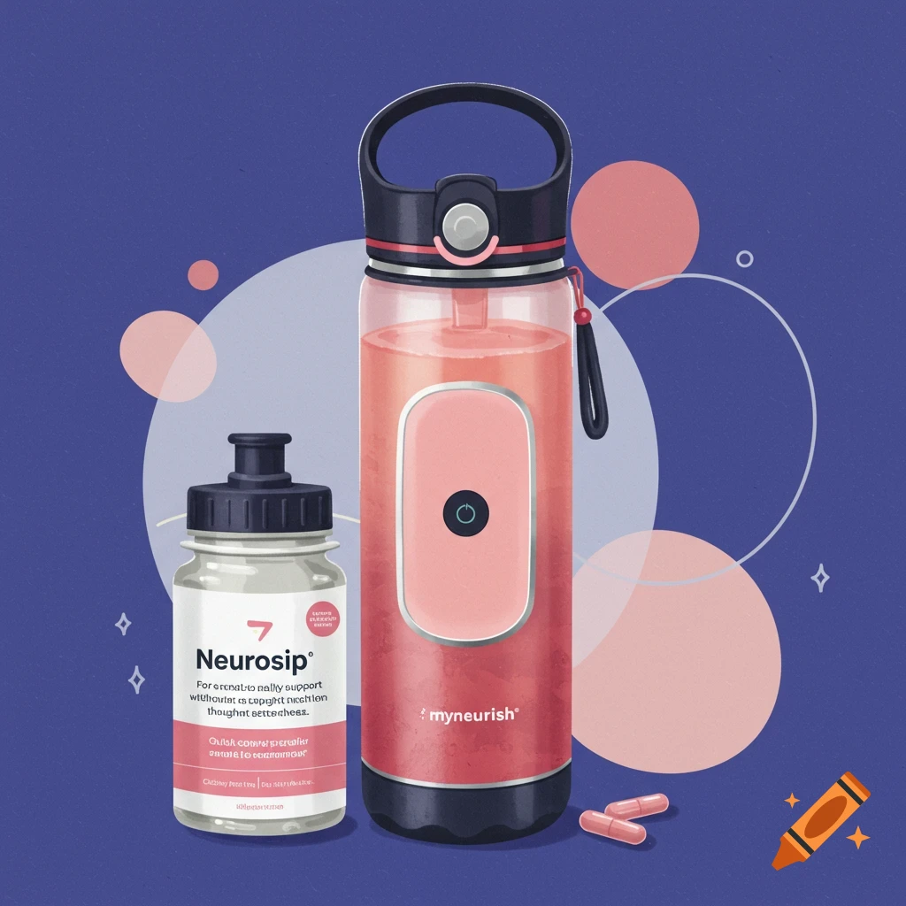 A smart water bottle and a supplement bottle with pills against a blue background with pink abstract shapes.