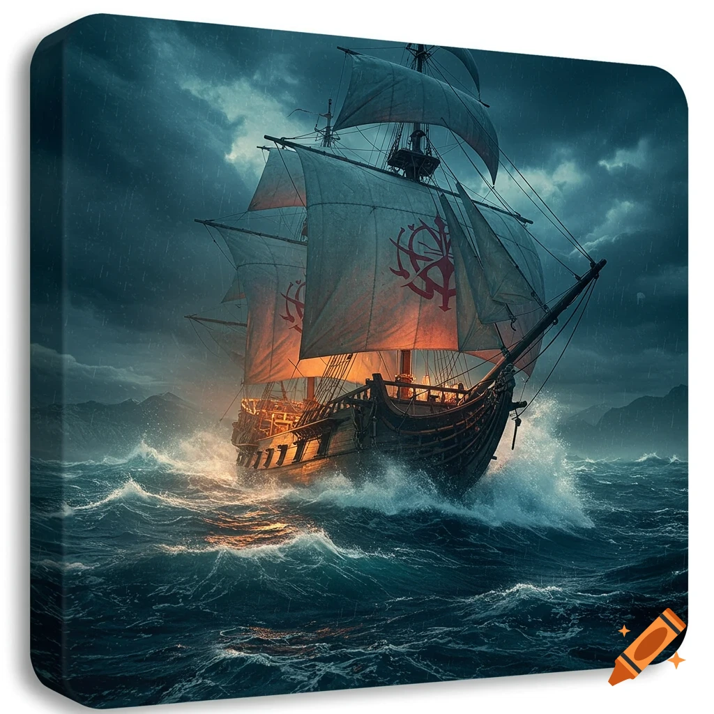 Photorealistic galleon ship battling fierce waves in a storm under dark clouds.