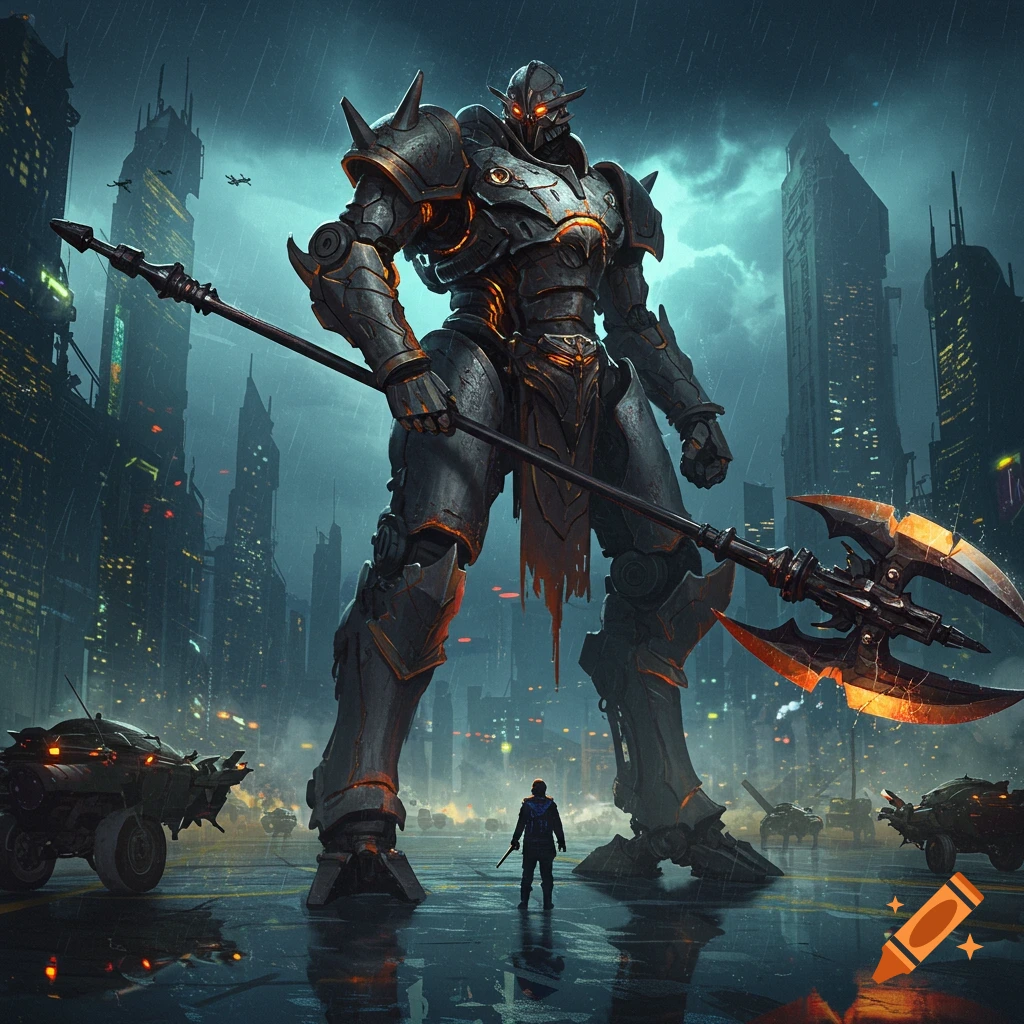Giant mech holds a halberd on a rainy city street.