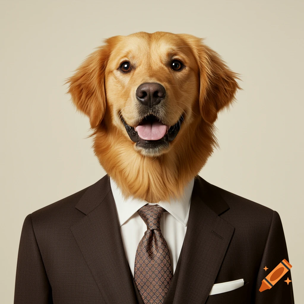 Headshot portrait of a Golden Retriever wearing a suit.