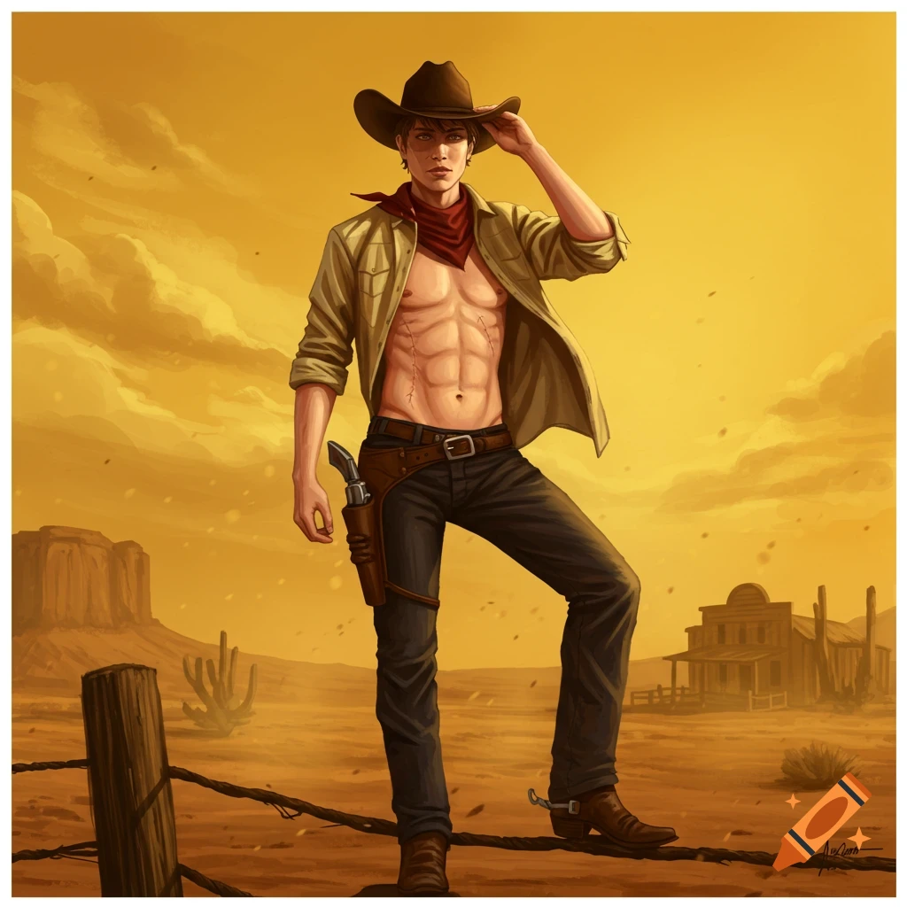 A cowboy standing on a fencepost in the desert near a western town.