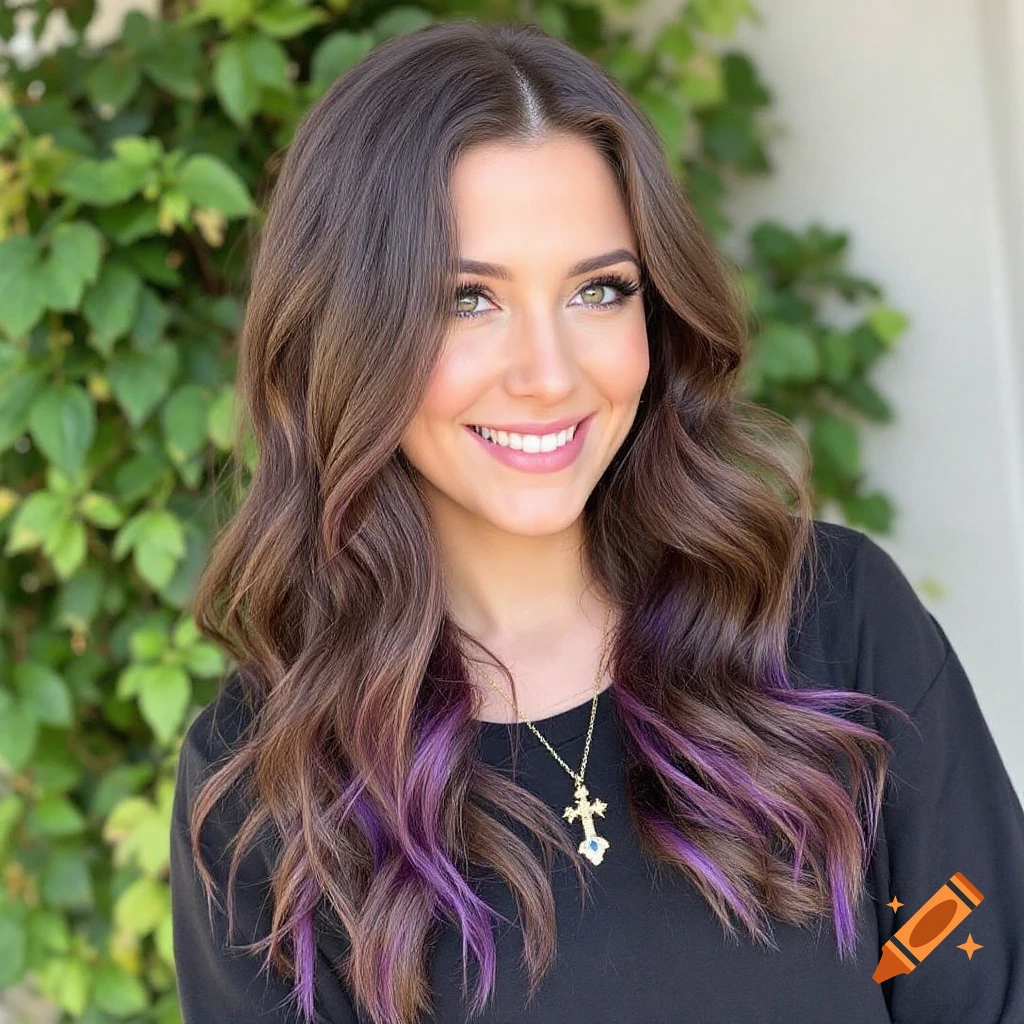 Portrait of a smiling woman with brown wavy hair and purple highlights