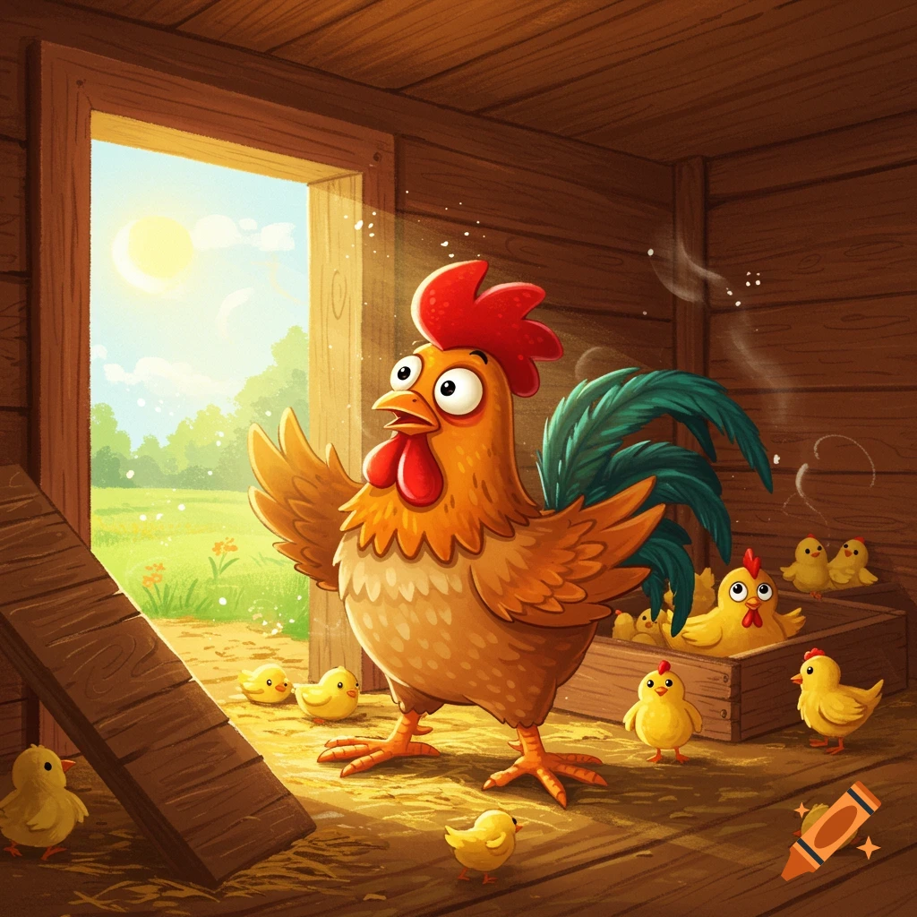 A cartoon rooster stands in a sunny wooden coop surrounded by chicks, illustrated in a vibrant style.
