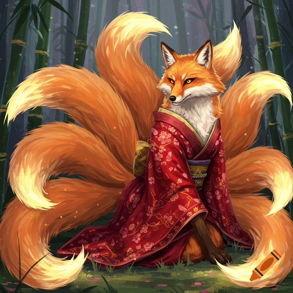 A kitsune with multiple tails wearing a red kimono is in a bamboo forest.