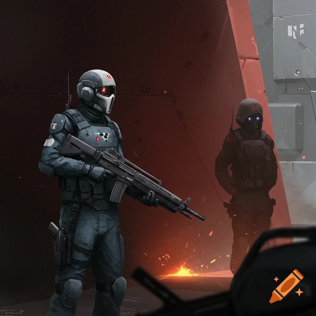 Two futuristic soldiers in a base.