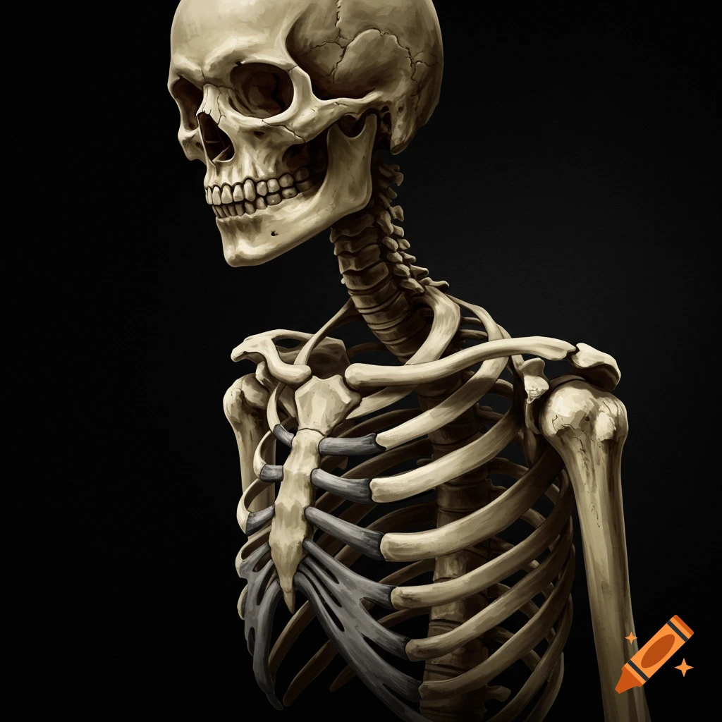 A human skeleton's skull, rib cage, and shoulders against a black background.