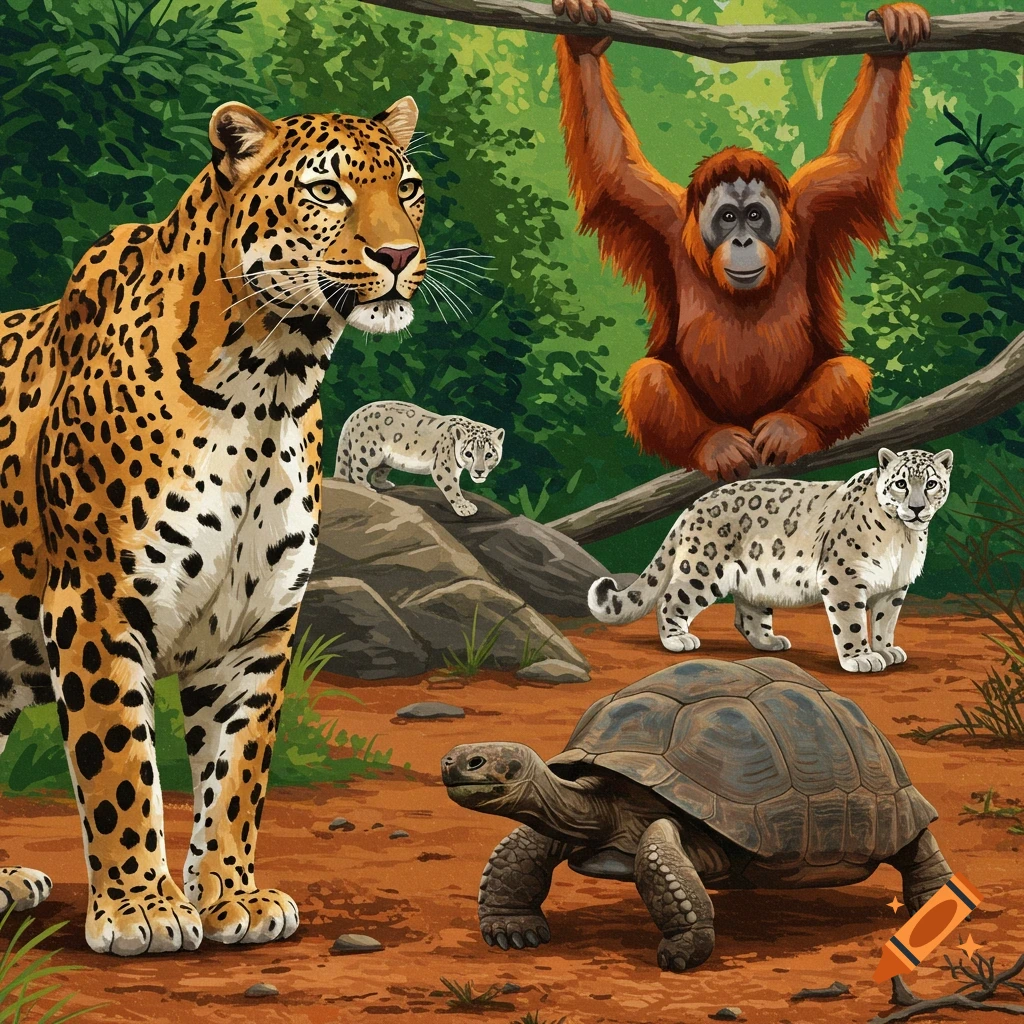 Endangered animals, including a leopard, two snow leopards, an orangutan hanging from a branch, and a tortoise, in a lush forest setting.