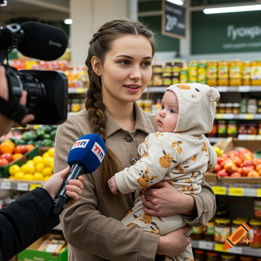 A woman holds her baby while being interviewed by a journalist with a microphone in a grocery store.