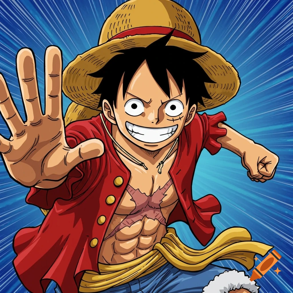 Anime illustration of Monkey D. Luffy smiling and reaching forward