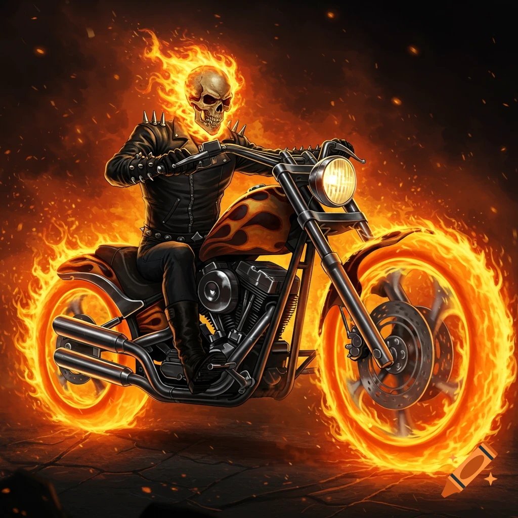 A flaming skeletal figure rides a motorcycle with fire wheels across a dark landscape.