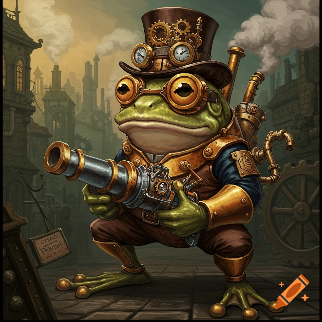 Steampunk frog superhero holding a weapon in a city.