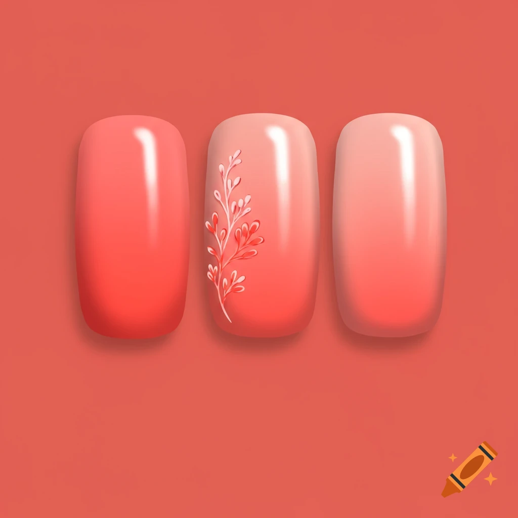 Three coral and pink artificial nails, one with a floral design.