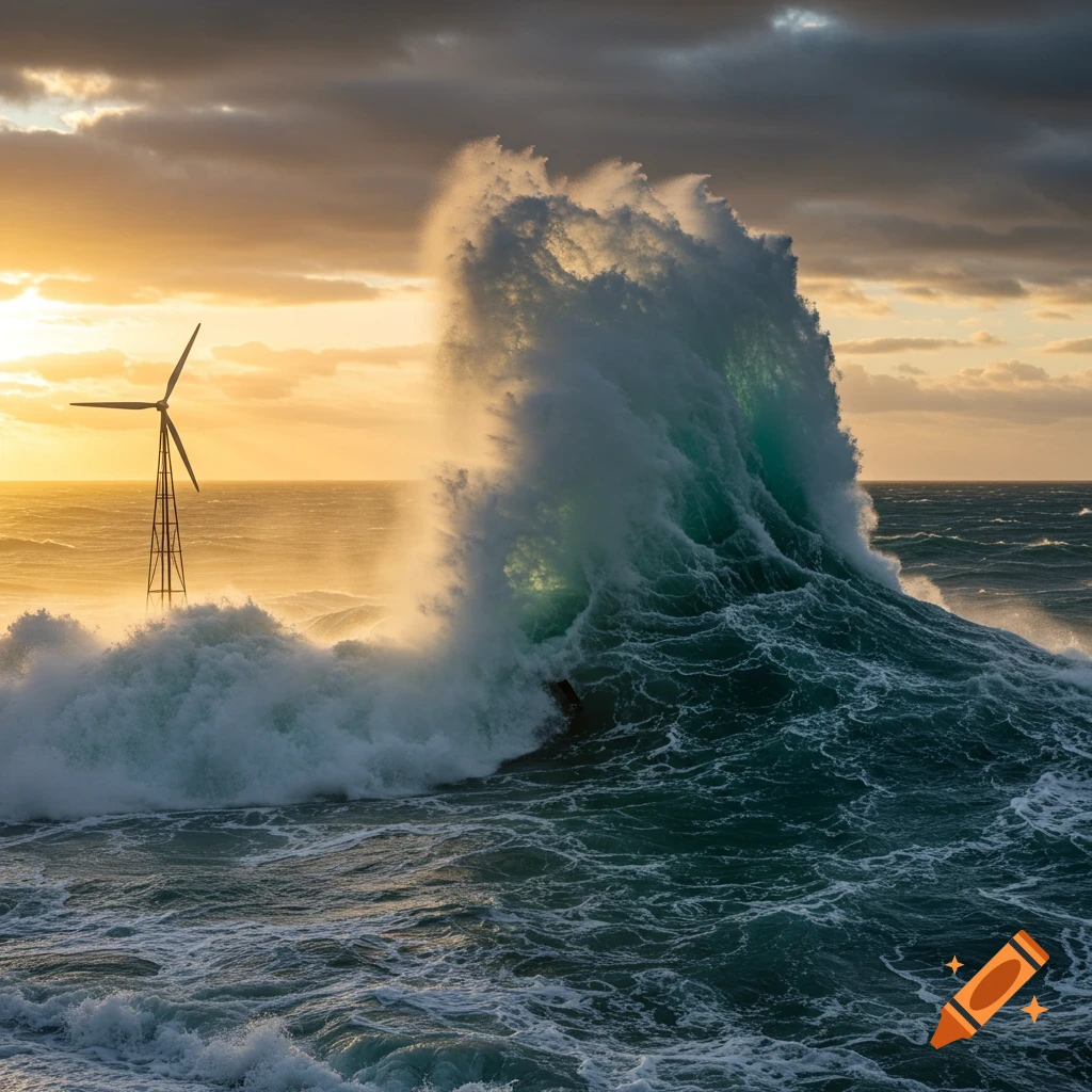 A massive wave crashes in the ocean against a stormy sunset sky with a windmill visible on the left.