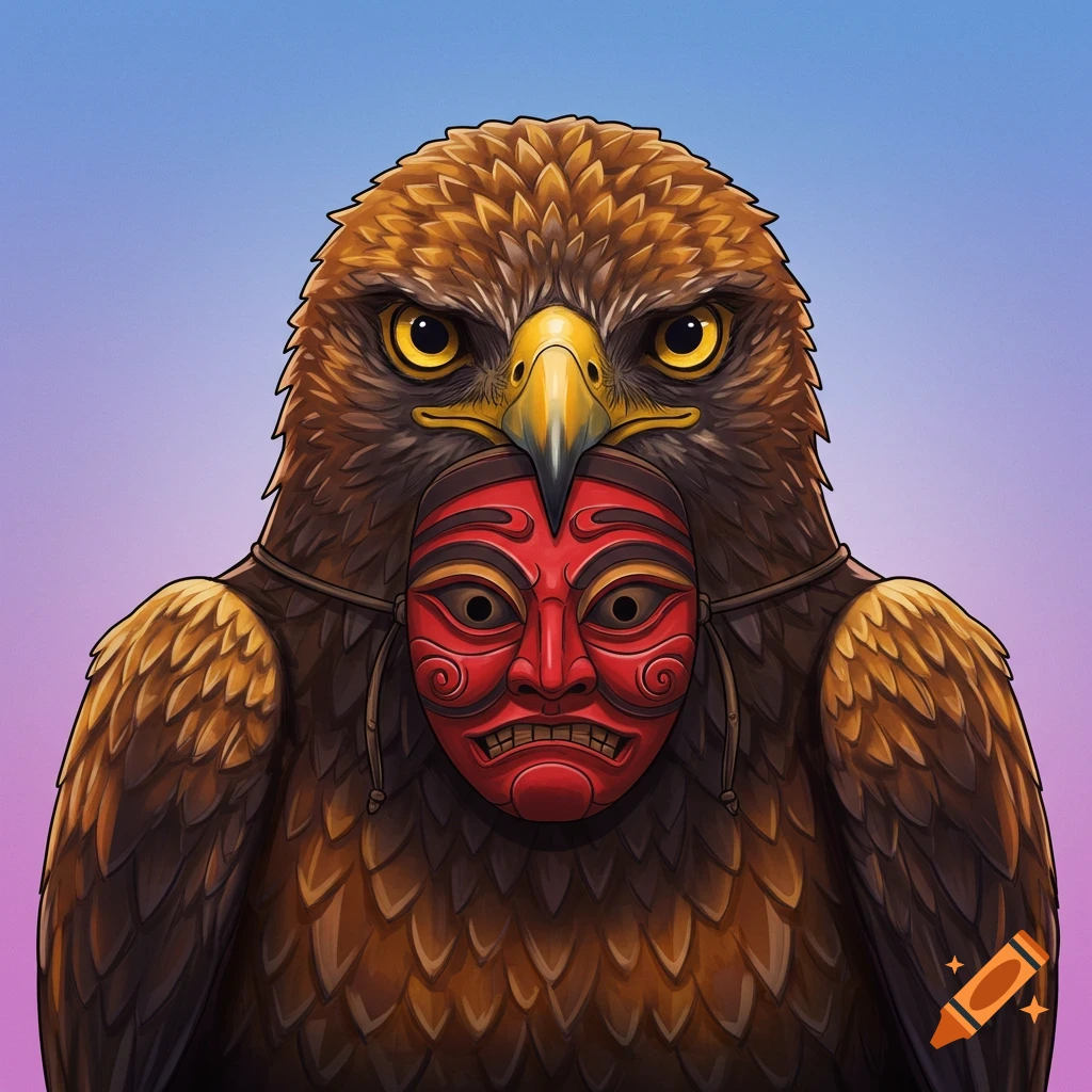 An eagle is holding a red Korean mask in its beak.