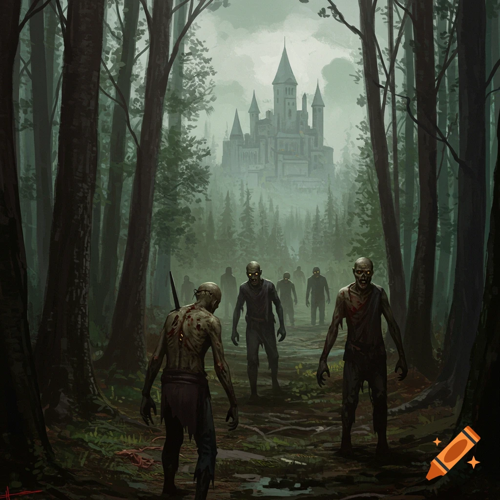 Zombies walking through a forest path towards a distant castle.
