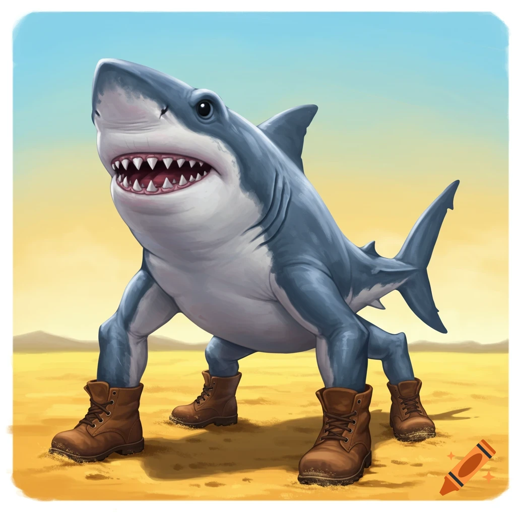 A shark standing on land with four legs and brown boots.