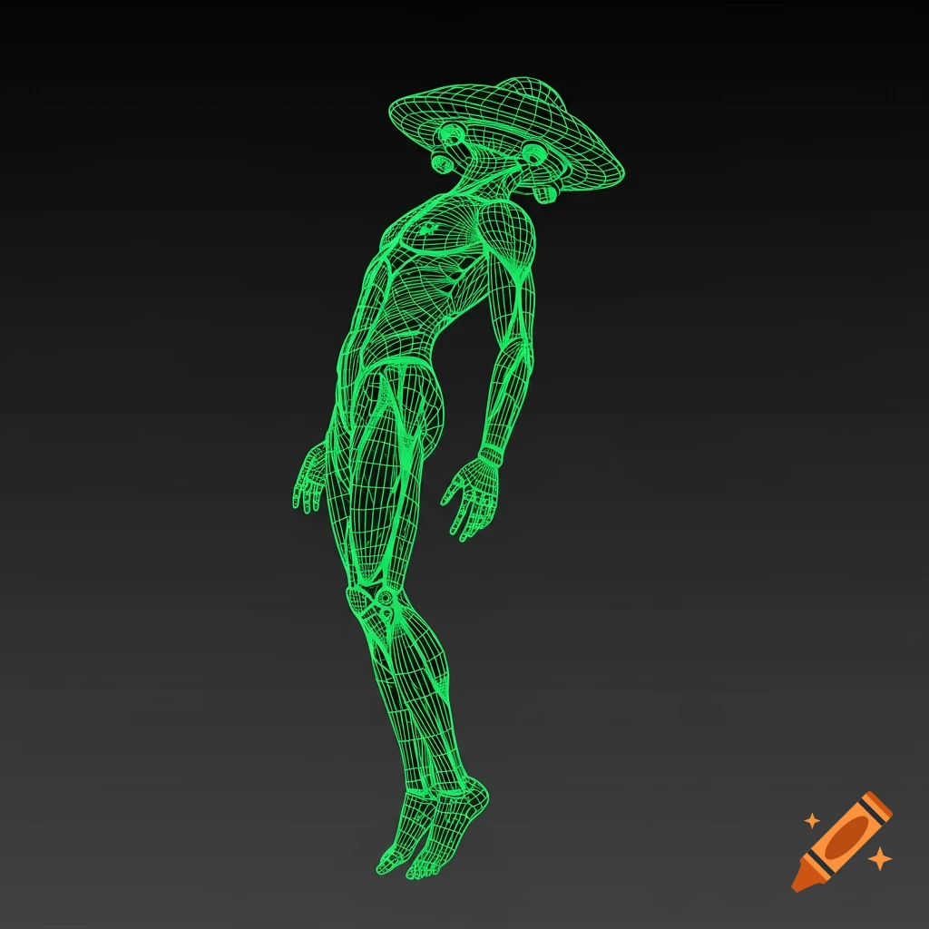 A green wireframe figure floats against a dark background.