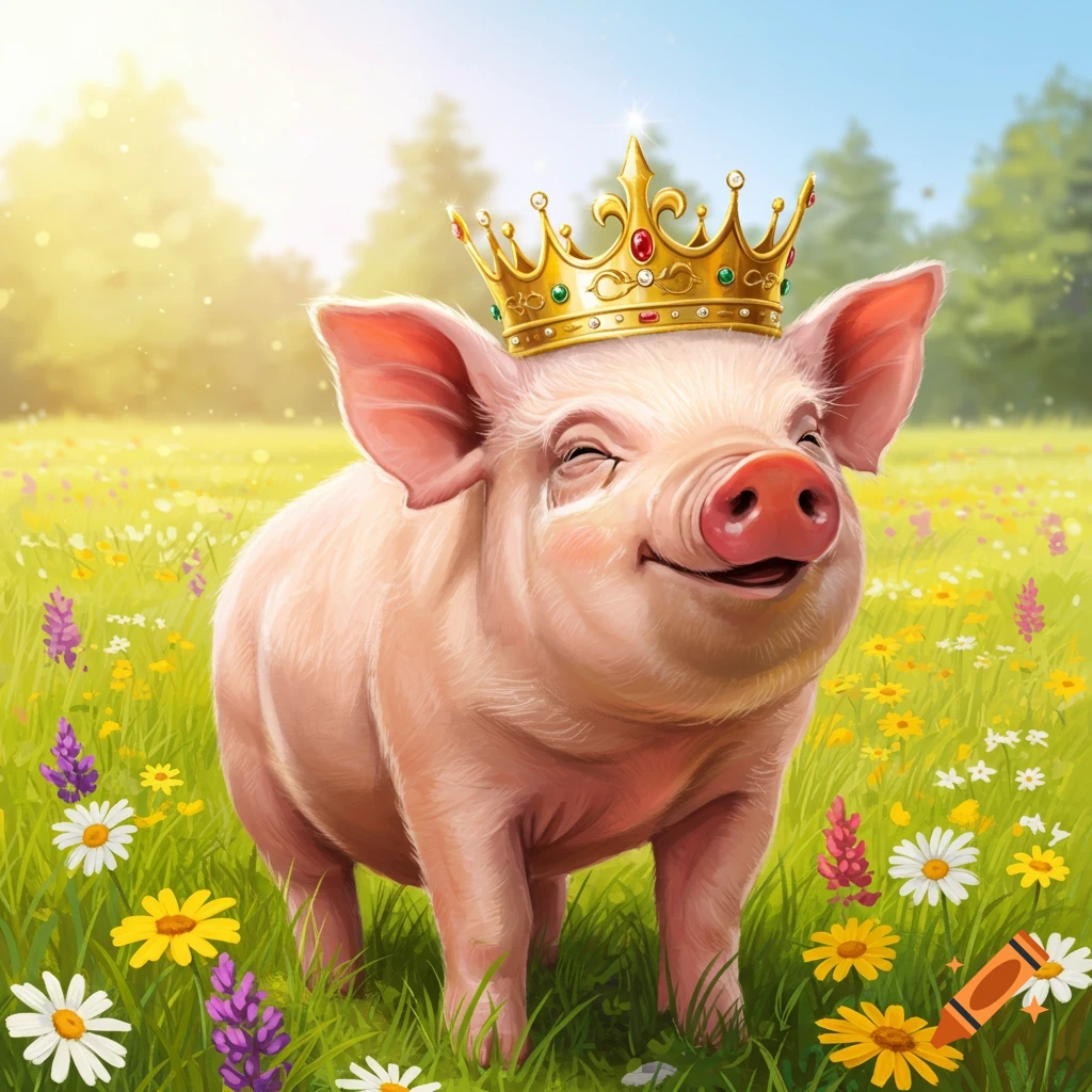 A smiling pig wearing a golden crown in a sunny meadow with colorful flowers.