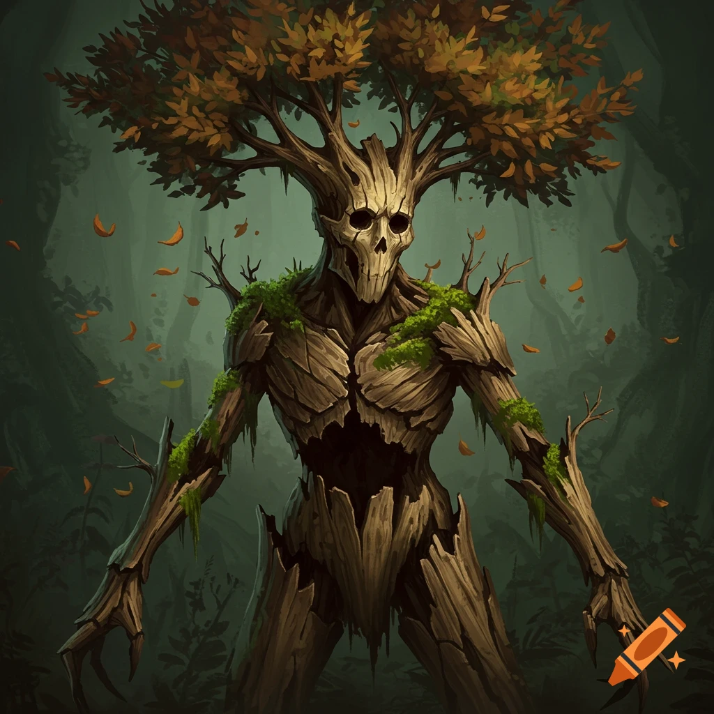 A fantasy creature made of wood and leaves stands in a forest.