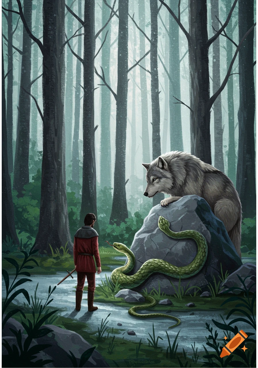 A man stands in a forest facing a wolf on a rock with two snakes. Fantasy illustration.