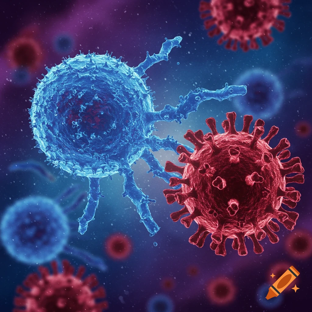 A blue immune cell attacking red viruses.
