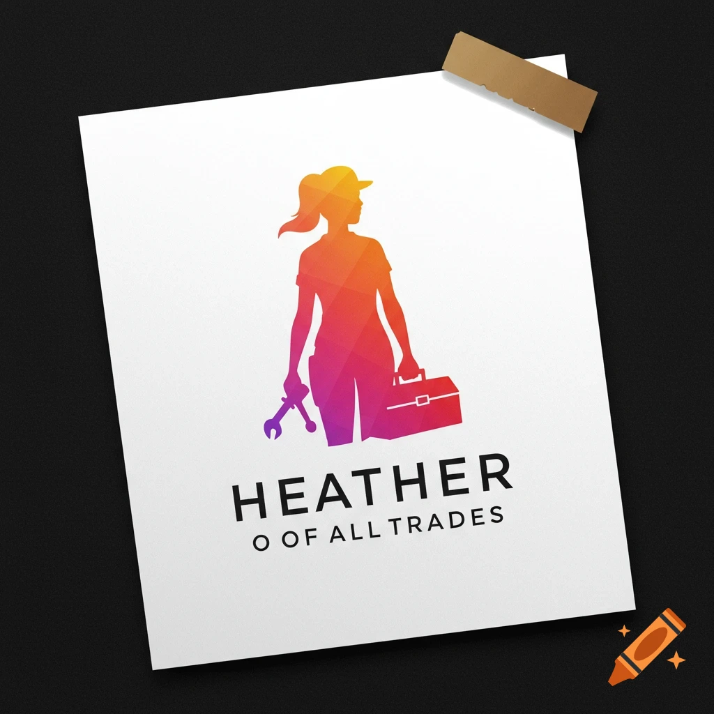Logo silhouette of a person with a toolbox and wrench, text reads HEATHER O OF ALL TRADES, on a paper mockup.