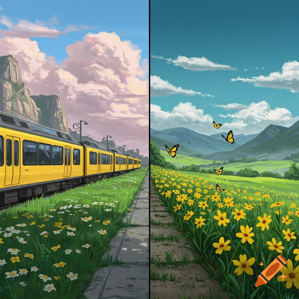 Two scenes are depicted side-by-side. The left scene features a yellow train traveling past flowers and mountains. The right scene presents a field of yellow flowers with butterflies fluttering around and mountains in the background.
