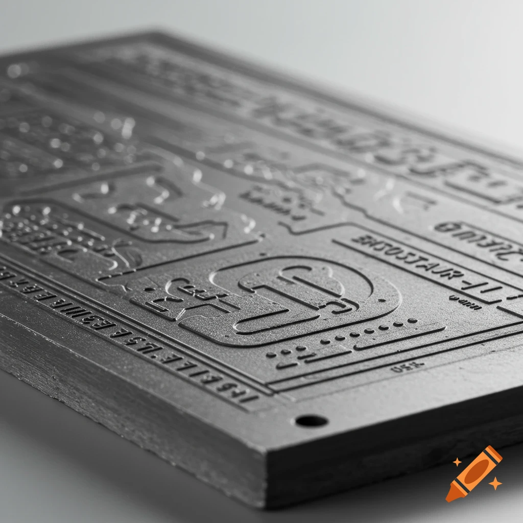 A close-up, low-angle view of a dark flexographic print plate with raised circuit-like patterns and text.