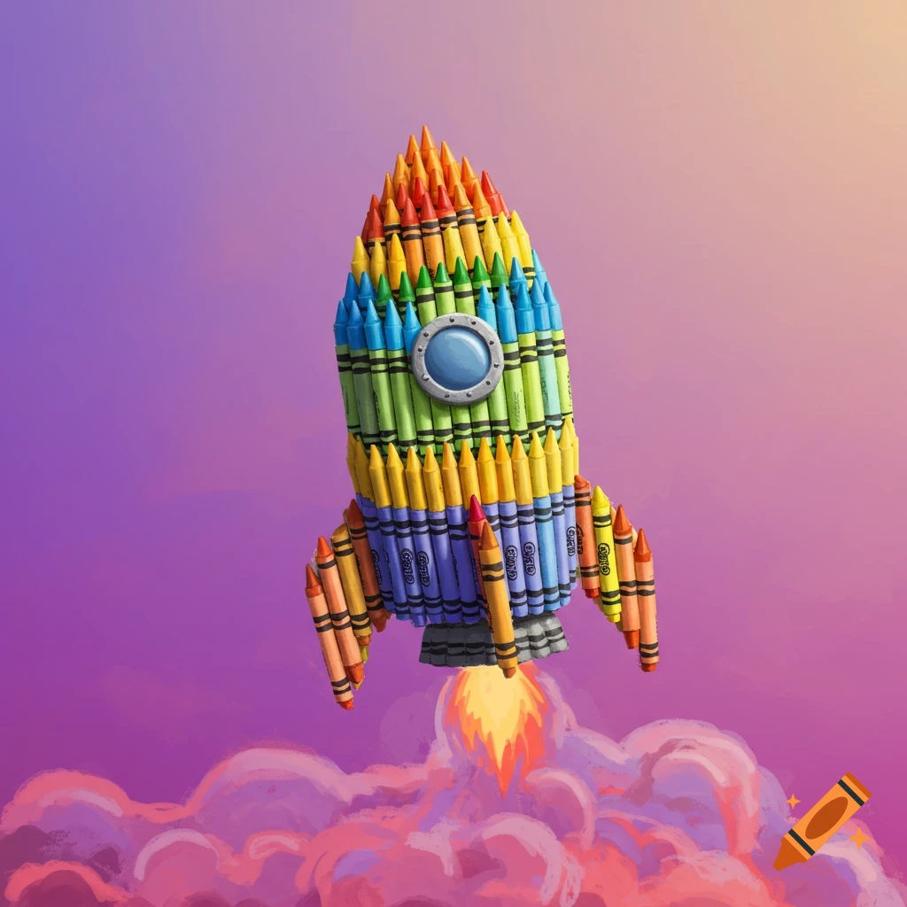 A colorful rocketship made of crayons launches through pink clouds in a purple sky.