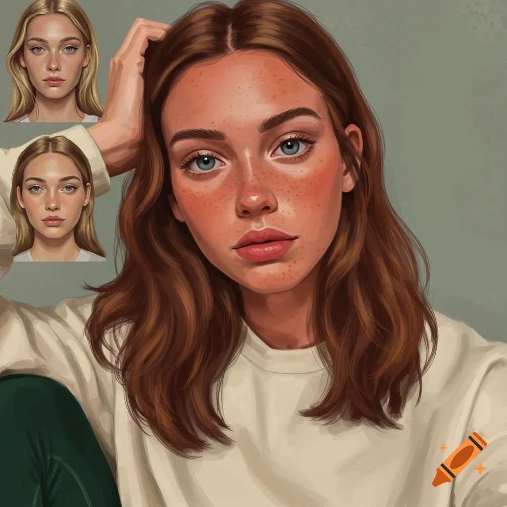 Portrait of a woman with brown hair, freckles, blue eyes, wearing a white sweatshirt. Two smaller portraits are on the left.