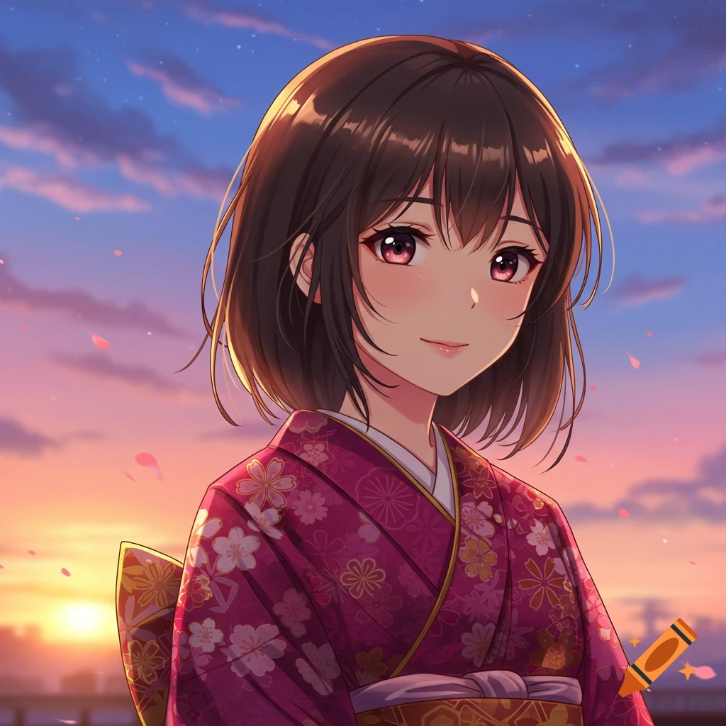 Anime girl in a pink floral kimono against a sunset background.