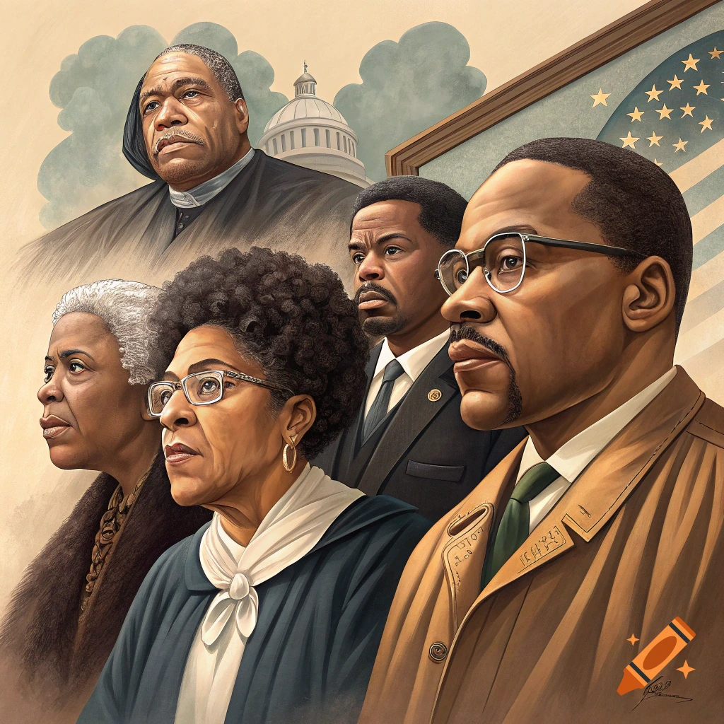Stylized illustration of prominent African American figures with the US Capitol and flag in the background.