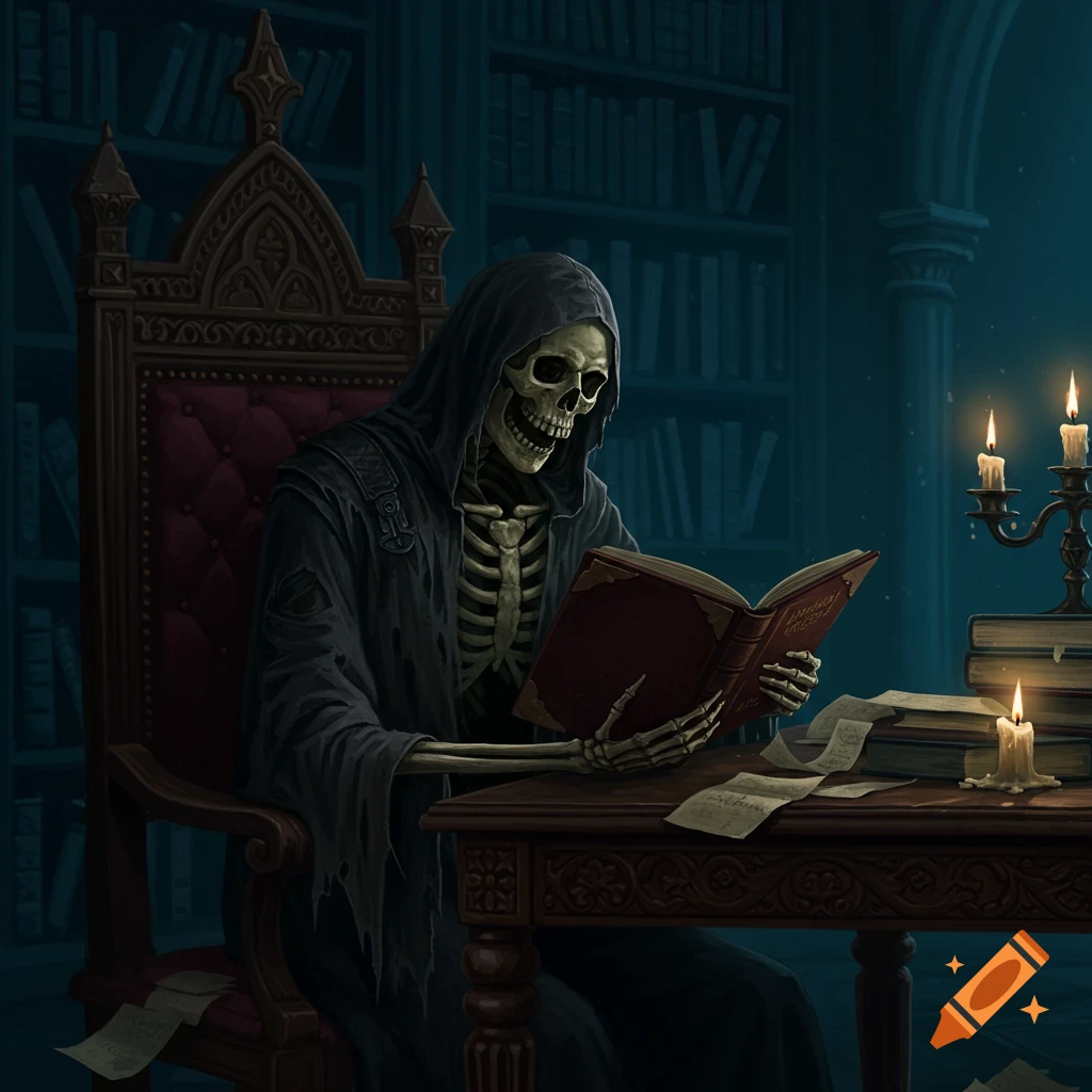 A skeleton in a hooded robe is reading a book at a desk in a dark library.