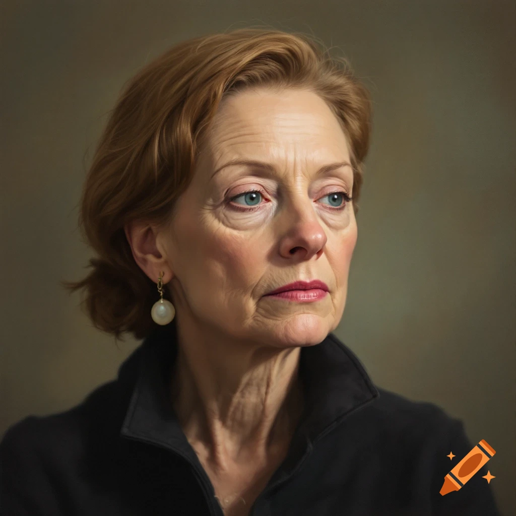Portrait of an older woman with red hair and a pearl earring, looking away.