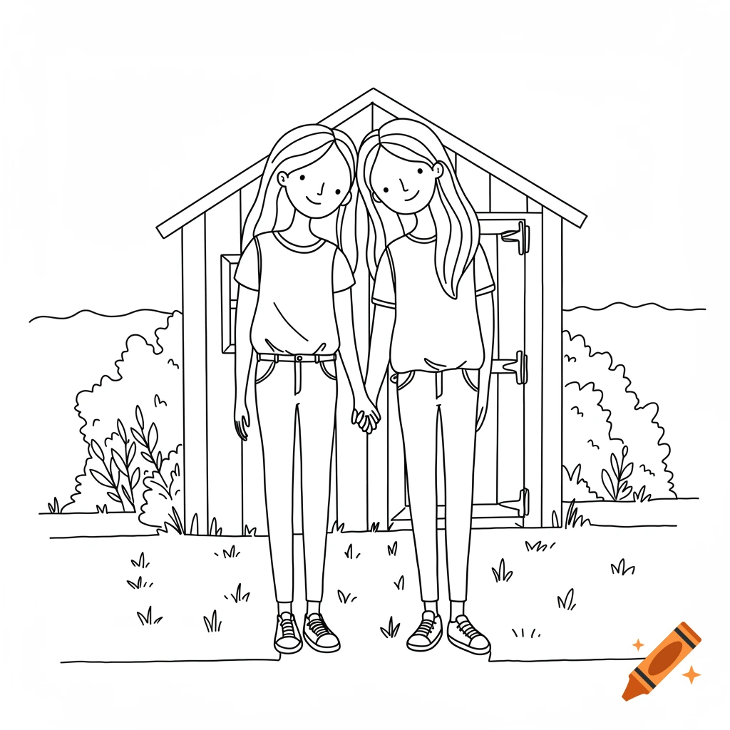 A minimalist line drawing shows two young people holding hands in front of a small shed.