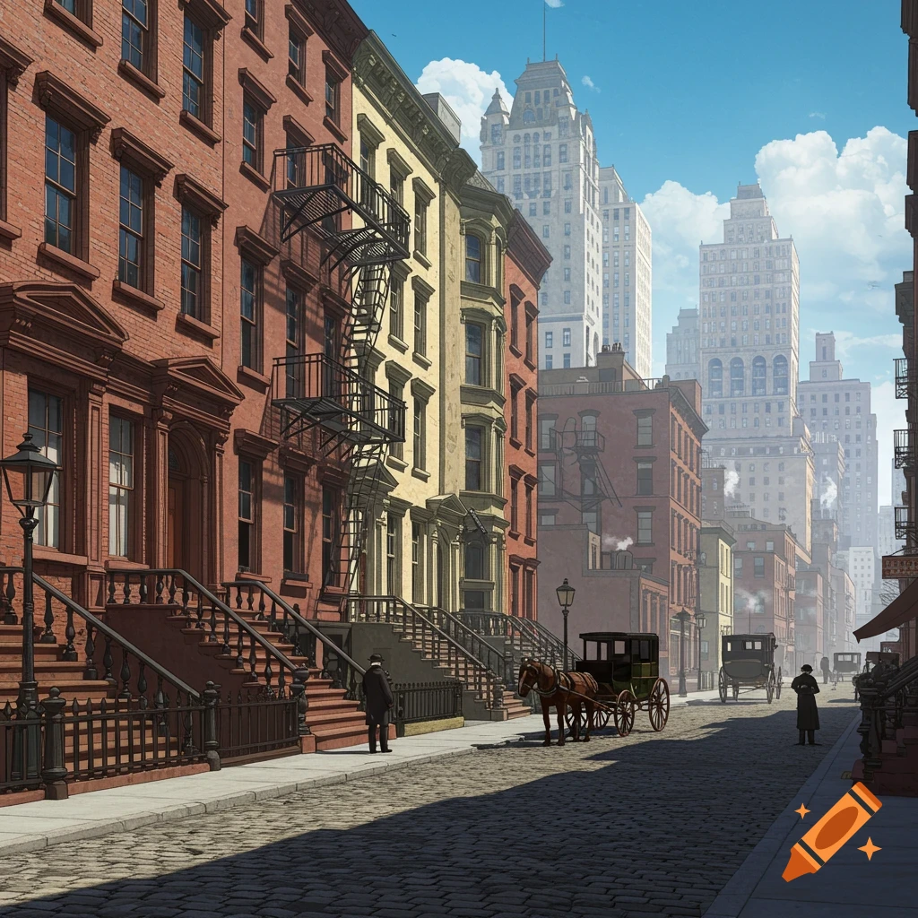 A 1890s New York City street with brownstones, horse carriages, and a few figures.